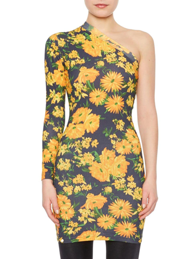 Balenciaga One Shoulder Mini Dress In Floral Jersey In Yellow