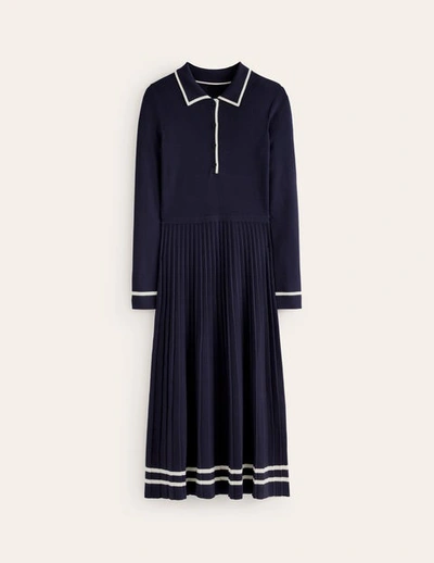 Boden Mollie Pleated Knitted Dress Navy Warm Ivory Women