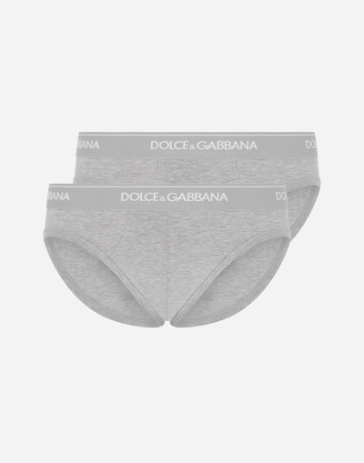 Dolce & Gabbana Stretch Cotton Mid-rise Briefs Two Pack In Grey