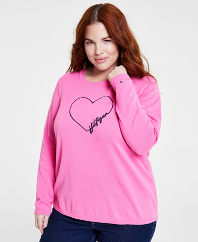 Tommy Hilfiger Plus Size Heart Outline Sweater In Dahlia,sky Captain