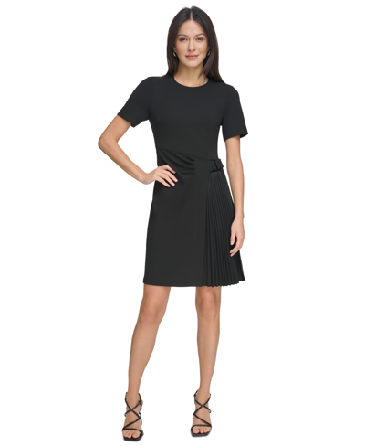 Dkny Women's Pleat-front Round-neck Short-sleeve Dress In Black