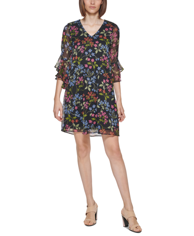 Calvin Klein Women's 3/4-sleeve Printed Chiffon Dress In Black Berry Multi