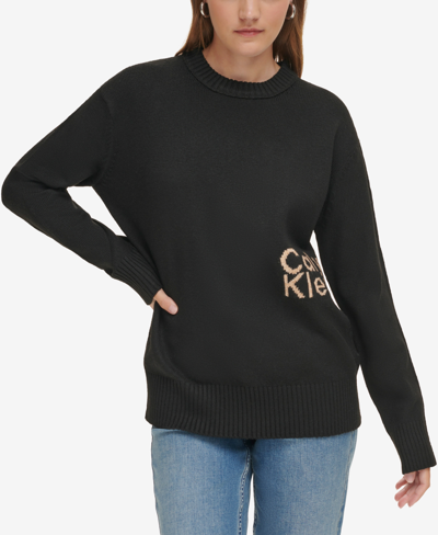 Calvin Klein Jeans Est.1978 Women's Intarsia Logo Oversized Crewneck Sweater In Black Teak