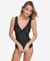 Dkny Ruffle Plunge Underwire Tummy Control One-piece Swimsuit, Created For Macy's In Black
