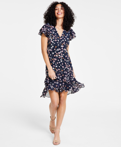 Tommy Hilfiger Plus Size Floral-print Ruffled A-line Dress In Sky Captain Multi
