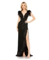 Mac Duggal Feather Floral Lace Sheath Gown In Black