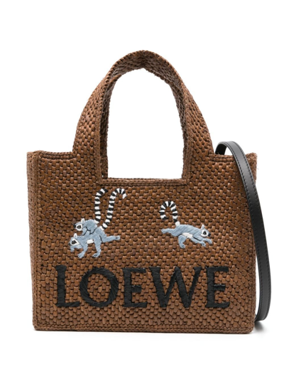 Loewe Small Lemurs Raffia Tote Bag In Brown
