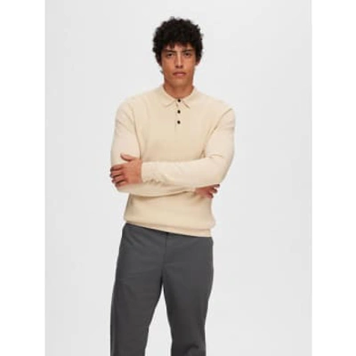 Selected Homme R Corner Ls Knit Polo In Oatmeal In White