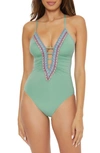 BECCA FIESTA PLUNGE EMBROIDERED ONE-PIECE SWIMSUIT