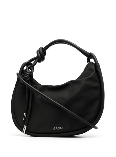 Ganni Black Knotted Top-handle Bag With Logo In Polyester Woman