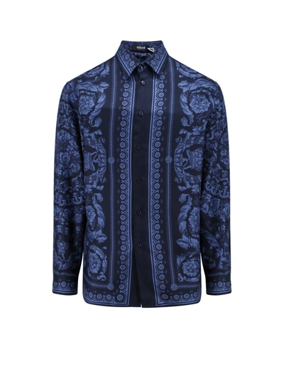 Versace All-over Barroco Print Silk Shirt In Azul