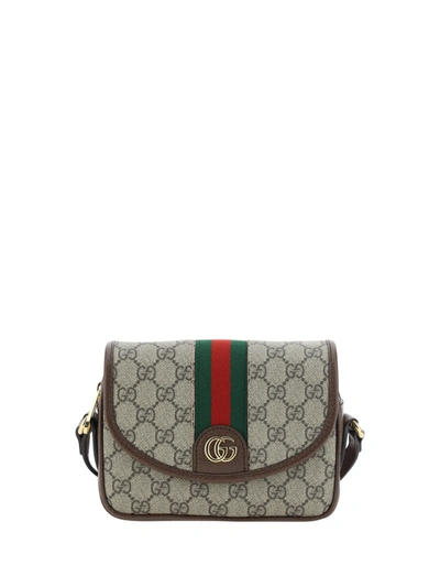 GUCCI GG SUPREME FABRIC AND LEATHER SHOULDER BAG WITH FRONTAL WEB BAND
