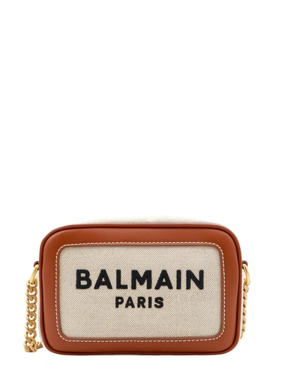 Balmain Canvas And Leather Shoulder Bag With Embroidered Logo In Neutrals