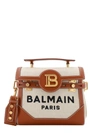BALMAIN CANVAS AND LEATHER SHOULDER BAG WITH FRONTAL MONOGRAM