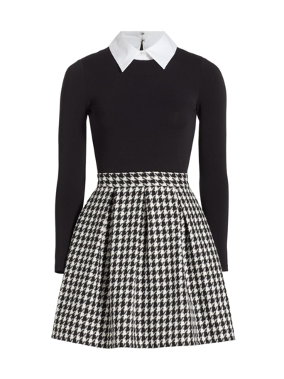 Alice And Olivia Chara Long-sleeve Pleated Mini Dress With Collar In Black/white