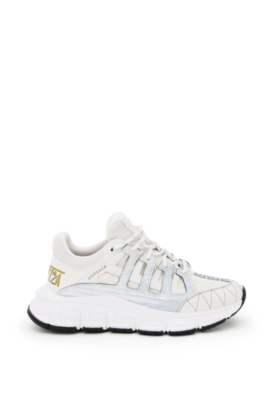 Versace Trigreca Leather And Fabric Sneakers In Grey