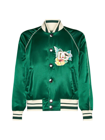 Dolce & Gabbana Logo-print Satin Bomber Jacket In Green