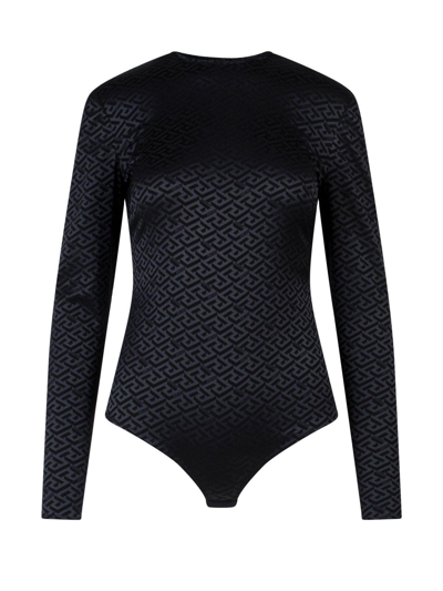 Versace La Greca Monogram Print Long Sleeve Bodysuit In Black