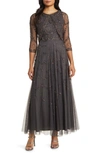 Pisarro Nights Beaded Mesh Gown With Jacket In Ash