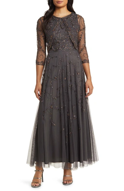 Pisarro Nights Beaded Mesh Gown With Jacket In Ash