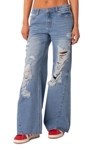 Edikted Women's Low Rise Distressed Wide Leg Jeans In Blue