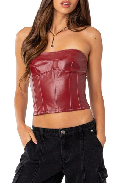 Edikted Moss Lace-up Strapless Faux Leather Corset Top In Burgundy