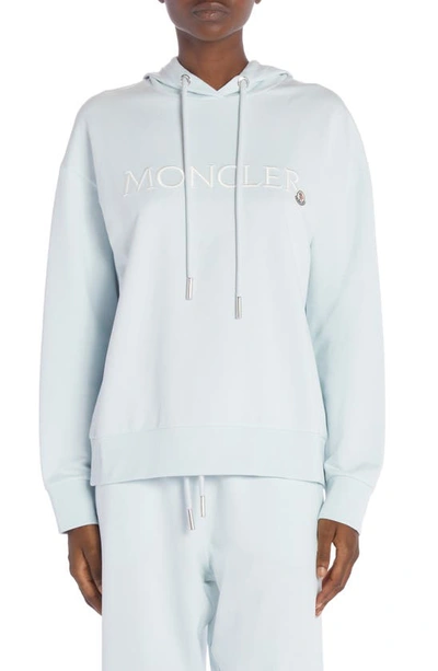 Moncler Embroidered Logo Cotton Fleece Hoodie In Blue