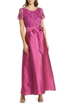 Pisarro Nights 3d Floral Bodice Beaded Gown In Magenta