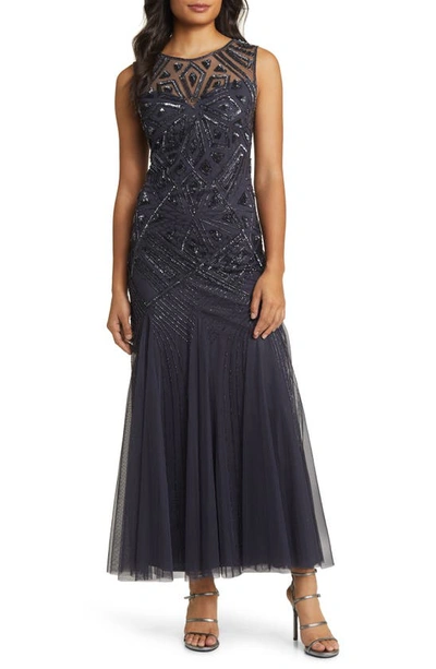 Pisarro Nights Geometric Beaded Sleeveless Gown In Slate