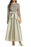 PISARRO NIGHTS BOW LONG SLEEVE SEQUIN & TAFFETA GOWN