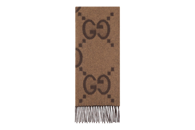 Pre-owned Gucci Gg Cashmere Jacquard Scarf Beige/dark Brown