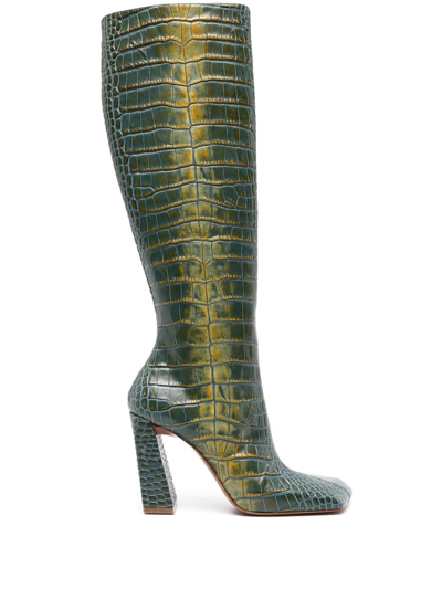 Amina Muaddi Marine 95mm Crocodile-effect Knee-high Boots In Green