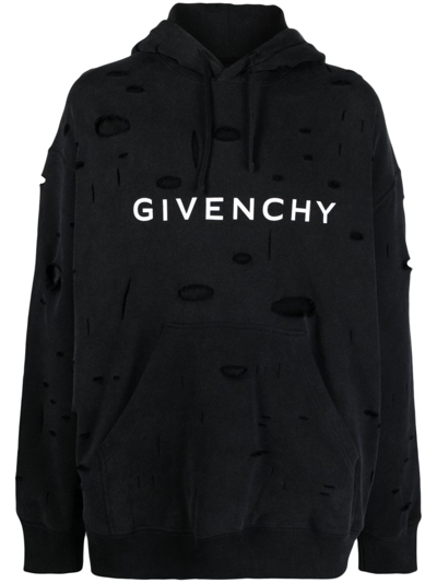 Givenchy Black Logo-print Ripped Hoodie