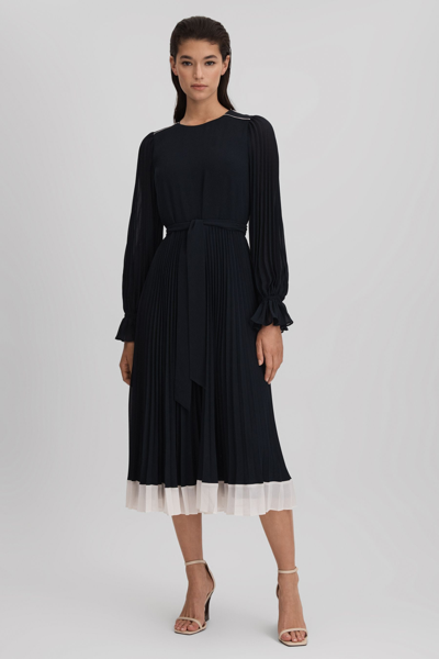 Reiss Navy/cream Priya Pleated Belted Midi Dress