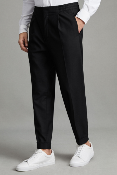 Reiss Brighton - Black Relaxed Drawstring Trousers With Turn-ups, 36 In Black