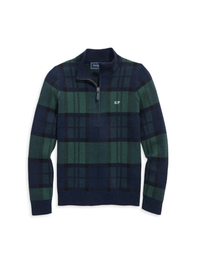 Vineyard Vines Boys' Boathouse Merino Wool & Cotton Plaid Quarter Zip Mock Neck Sweater - Little Kid, Big Kid In Charleston Green