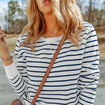 Threaded Pear Hannah Striped Print Ribbed Trim Long Sleeve Top In White