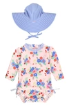 Rufflebutts Kids' One-piece Rashguard Swimsuit & Hat Set In Coastal Breeze Floral