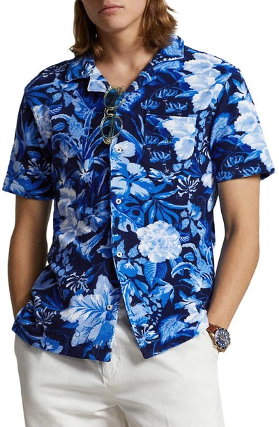 Polo Ralph Lauren Custom Slim Fit Printed Terry Camp Shirt In Jardin Floral,navy