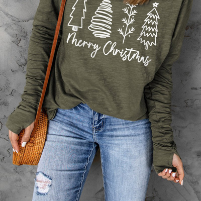 Threaded Pear Thea Merry Christmas Trees Thumbhole Sleeve Graphic Tee In Green