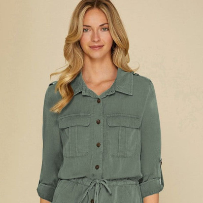 Threaded Pear Reese Roll Up Sleeve Flap Pockets Drawstring Romper In Green