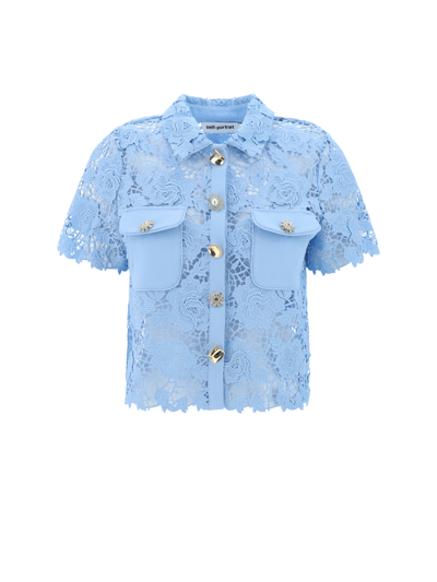 Self-portrait Boxy Short-sleeve Cropped Open Lace Shirt In Blue