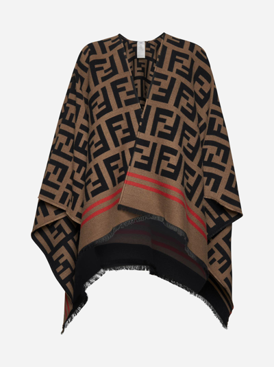 Fendi Ff Logo Wool And Silk Poncho In Black
