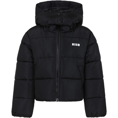 Msgm Kids' Black Down Jacket For Girl With Logo And Star