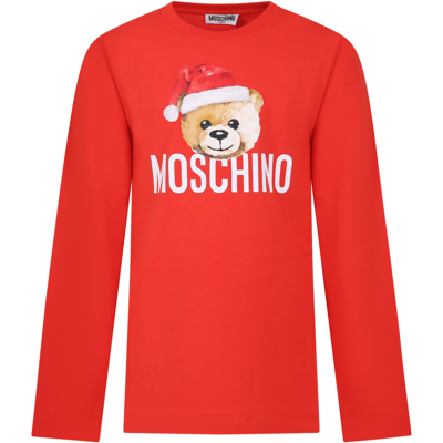 Moschino Red T-shirt For Kids With Teddy Bear And Logo