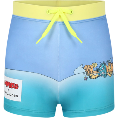 Little Marc Jacobs Kids' Light Blue Swim Boxer For Boy With Garfield And Logo In Multicolor