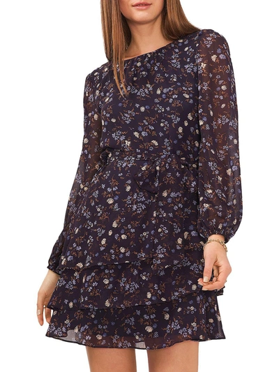 1.state Juniors Womens Chiffon Floral Print Fit & Flare Dress In Blue