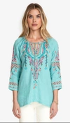 JOHNNY WAS KRIS LINEN PEASANT BLOUSE IN LIGHT TEAL