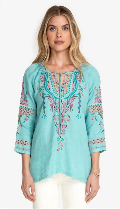 Johnny Was Kris Linen Peasant Blouse In Light Teal In Blue