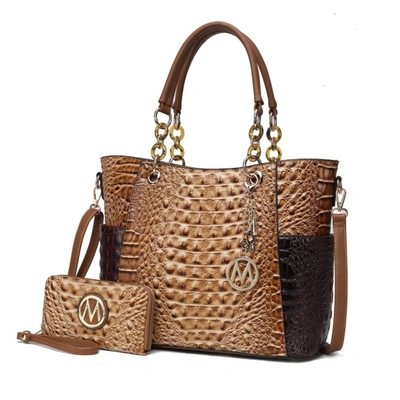Mkf Collection By Mia K Merlina Faux Crocodile-embossed Vegan Leather Women's Tote Bag With Matching Wallet - 2 Pieces In Brown